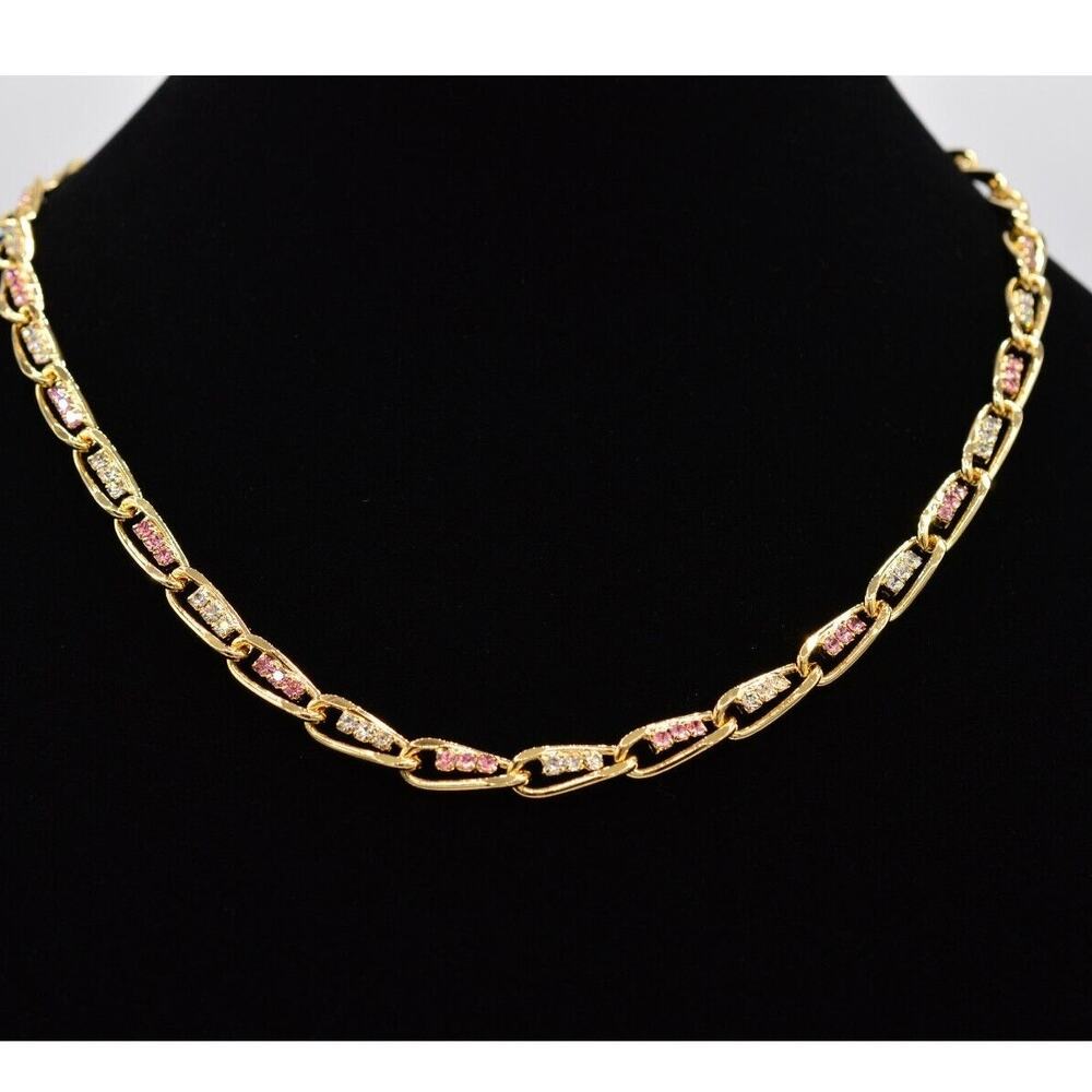 Vintage Chain Necklace Gold Shiny Pink Clear Rhinestone Statement 1980s BinG